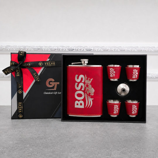 Set Bărbați Boss Sticlă Metalică 4 Pahare de Shot Îmbrăcate în Piele Pâlnie Cutie Elegantă Roșie