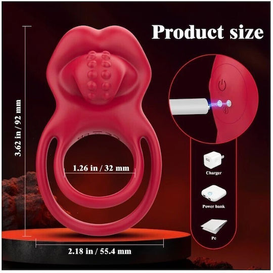 Sexy Tongue Διπλό Δαχτυλίδι Πέους 10 Modes Κόκκινο