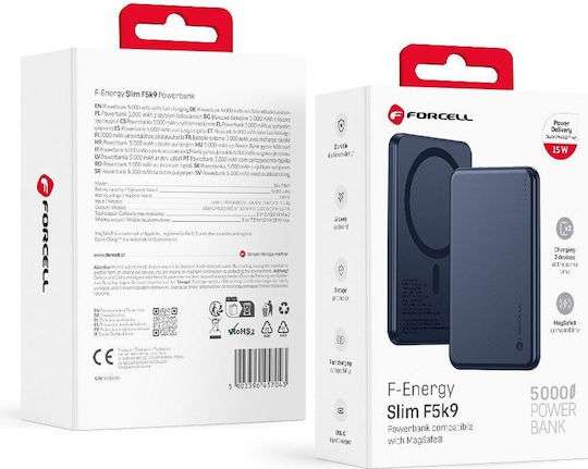 Forcell F5K9 MagSafe Power Bank 5000mAh 15W με Θύρα USB-C Power Delivery / Quick Charge 4.0 Μπλε