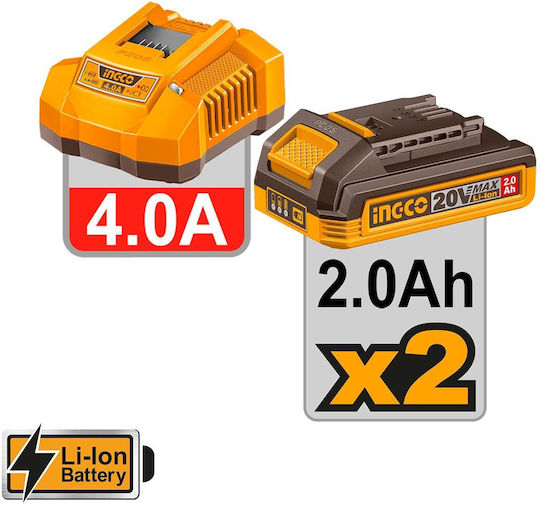 Ingco CIDLI207686E Percussive Battery Drill Driver Brushless 20V 2x2Ah