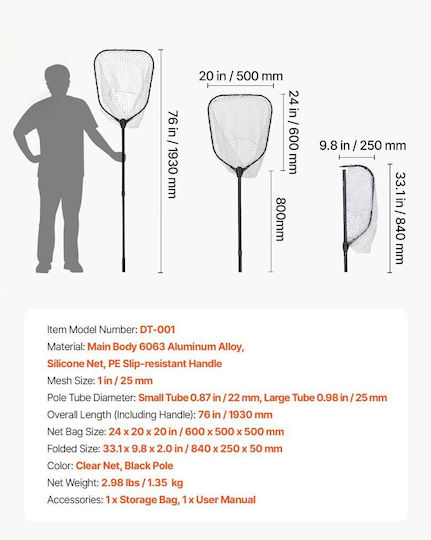 Vevor Foldable Fish Landing Net Telescopic Handle Measuring Scale Aluminum 6063 Silicone Mesh Up to 13.6 Kg Cwlhjpvcxjzgegi57001v0