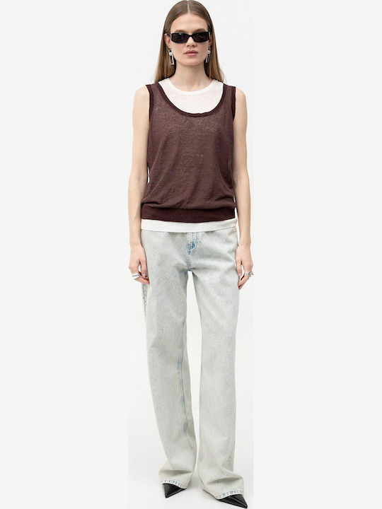 Women's Summer Linen Sleeveless Blouse Dark Brown