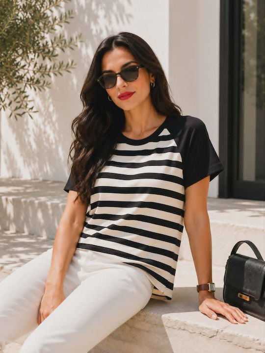 Women's Short Sleeve Striped Black Blouse With Ecru