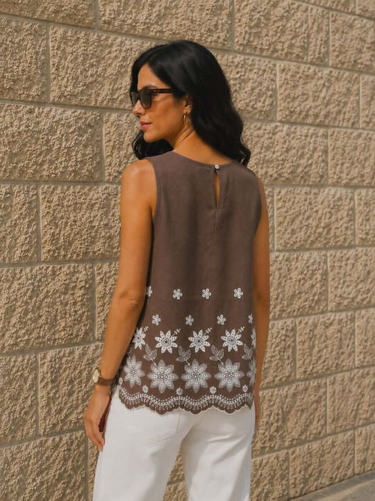 Women's Sleeveless Cotton Brown Blouse