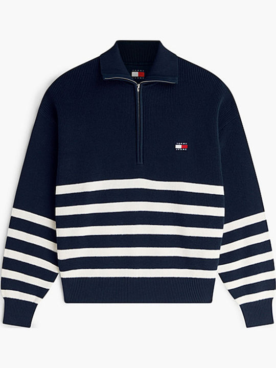 Tommy Women's Cotton Sweater with Zipper Striped Navy Blue/White