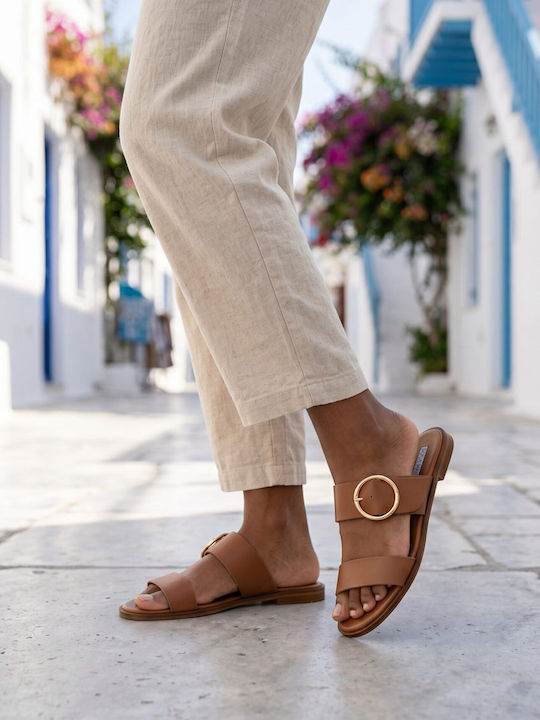 Leather Women's Flat Sandals Tabac Brown