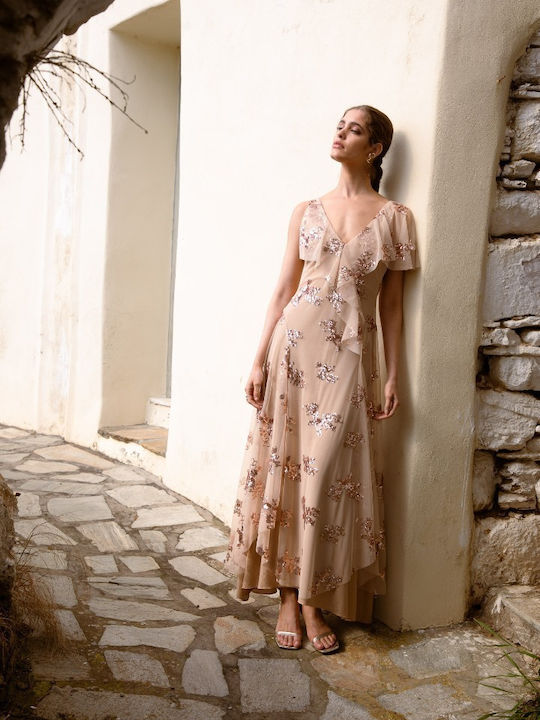 Rochie De Vară Maxi Pentru Nuntă Botez Cu Tul Bej Josiadress