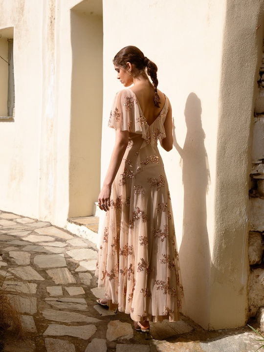 Rochie De Vară Maxi Pentru Nuntă Botez Cu Tul Bej Josiadress