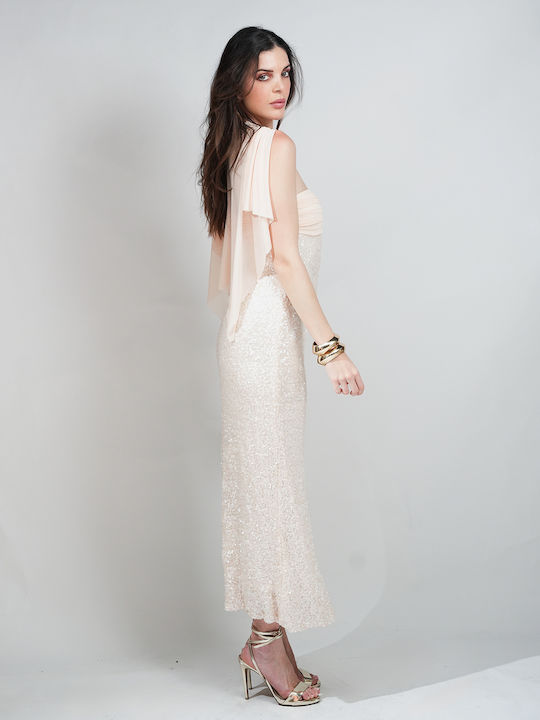 Summer Maxi Evening Dress Strapless Open Back with Tulle Beige