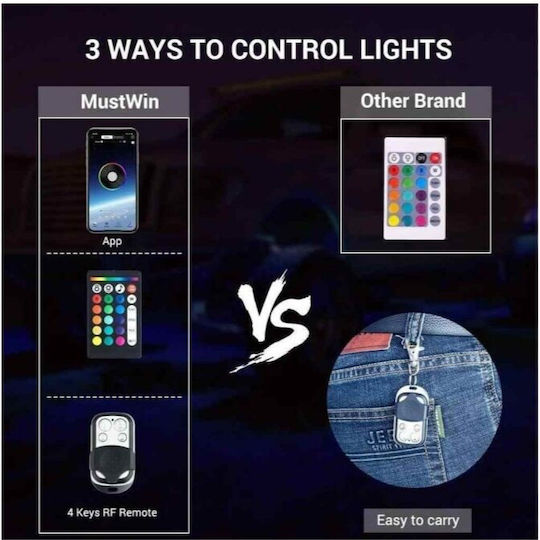 Idealstore Kit de Iluminare RGB Rock Light 4 Module Sub Mașină Control Bluetooth Schimbare Culoare Aplicație Mobilă