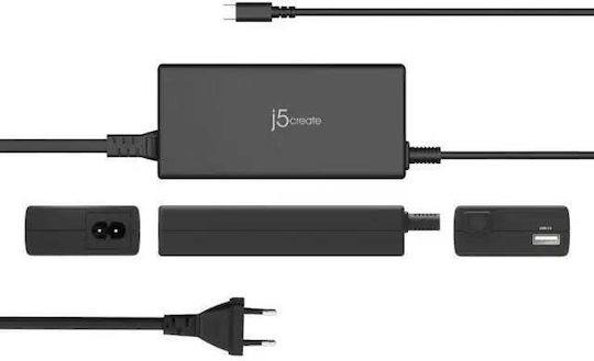 J5create USB-C Universal Φορτιστής Laptop 100W 5V 1.5A με Αποσπώμενο Καλώδιο Τροφοδοσίας
