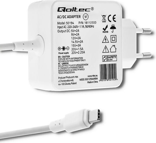 Qoltec Power adapter USB-C Universal Φορτιστής Laptop 45W 20V 2.25A με Αποσπώμενο Καλώδιο Τροφοδοσίας