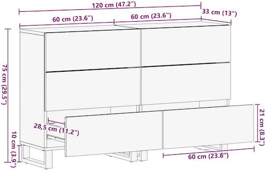 Sideboard aus Massivholz & Metall Schwarze 60x33x75cm