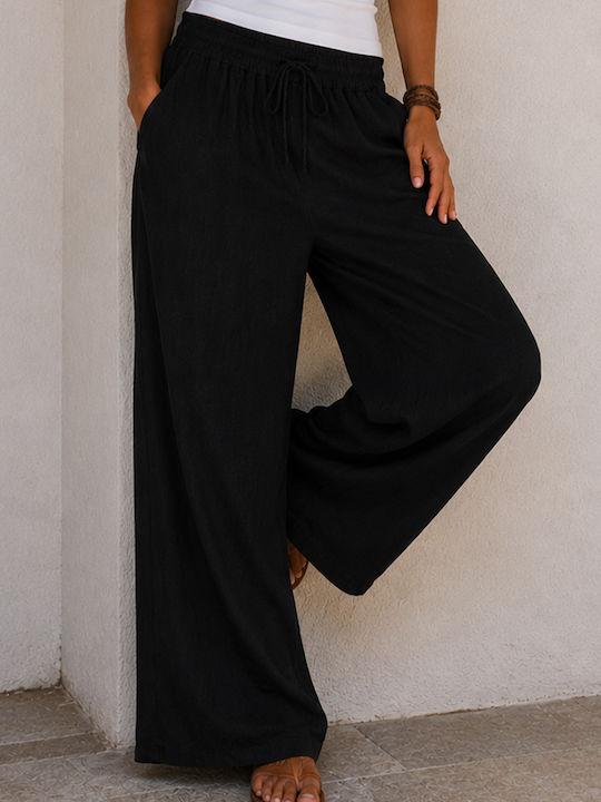 Women's Linen Pantaloons with Rubber Band in Loose Fit Black