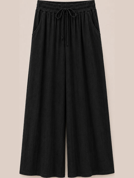 Women's Linen Pantaloons with Rubber Band in Loose Fit Black