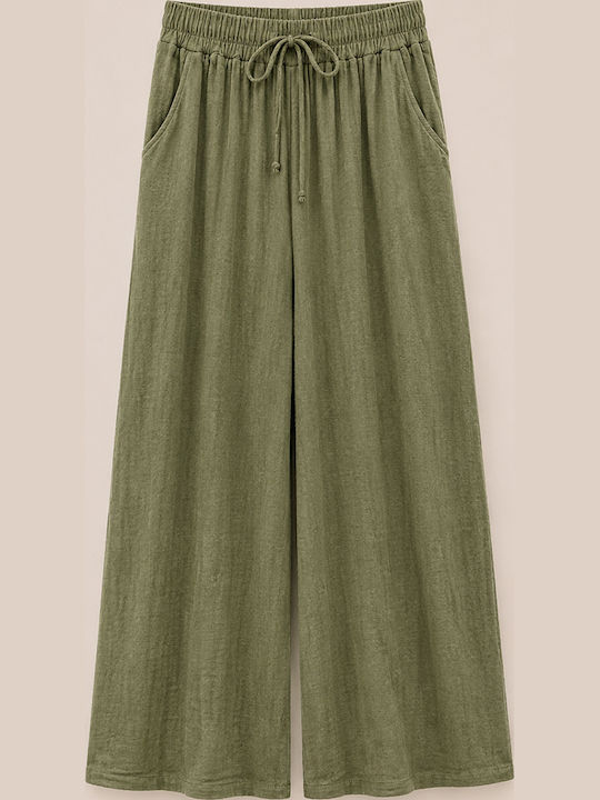 Women's Linen Pantaloons with Rubber Band in Loose Fit Khaki