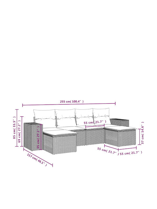 Outdoor Corner Sofa Rattan With Cushions 55x62x69cm