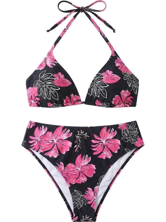 Bikini Set 3 Pieces Floral Transparent Black