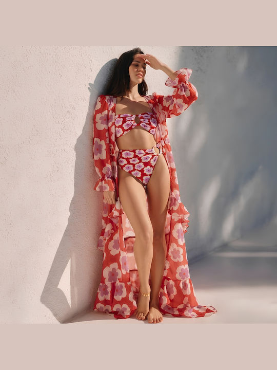 Set Bikini Ψηλόμεσο Floral Κόκκινο