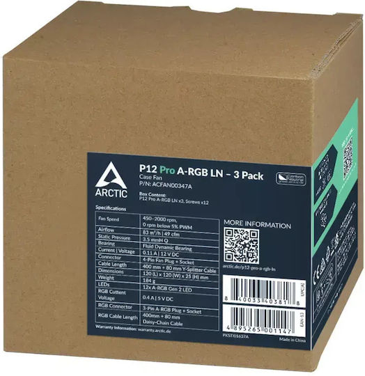 Arctic P12 Pro Case Fan 120mm (2000rpm / 77cfm) με ARGB Φωτισμό 3τμχ
