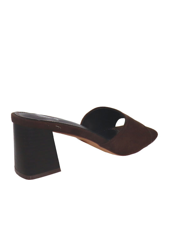 Suede Mules With Chunky Low Heel In Brown Colour