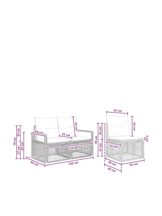 3-Seater Outdoor Rattan Sofa with Cushions 61x62x70 cm