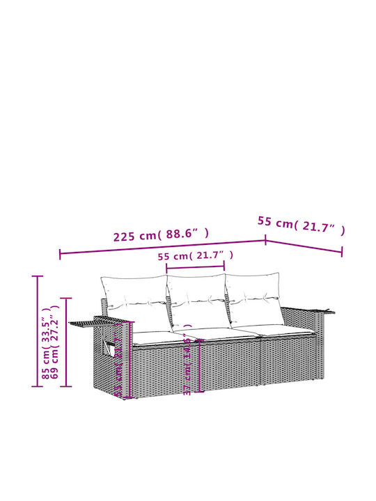 Three-Seater Outdoor Rattan Sofa with Cushions 55x62x69cm