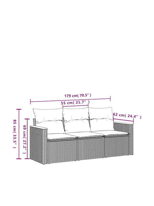 Three-Seater Outdoor Rattan Sofa with Cushions 55x62x69cm