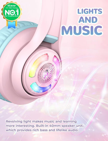 iClever BTH13 Căști Audio Wireless Bluetooth Over Ear de Copii cu 12 Ore Autonomie Roz