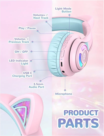iClever BTH13 Căști Audio Wireless Bluetooth Over Ear de Copii cu 12 Ore Autonomie Roz