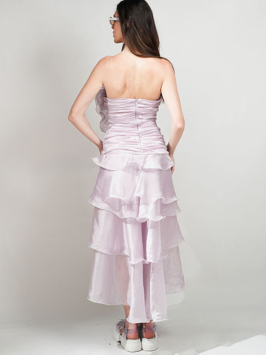 Summer Midi Dress for Wedding - Christening Strapless Satin Open Back Purple