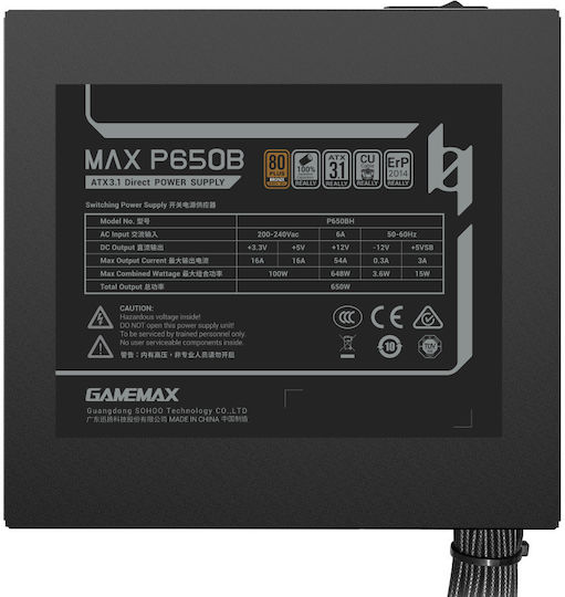GameMax Max P650B 650W Black Power Supply Full Wired 80 Plus Bronze
