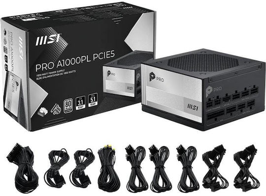 MSI PRO A1000PL PCIE5 1000W Черно Захранващо Блокче За Компютър Пълен Модул 80 Plus Platinum