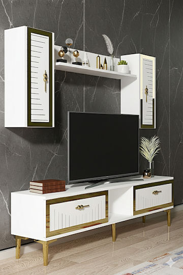 Bibliotecă Living Albă cu Vitrină și Iluminare M150xL30xÎ41cm