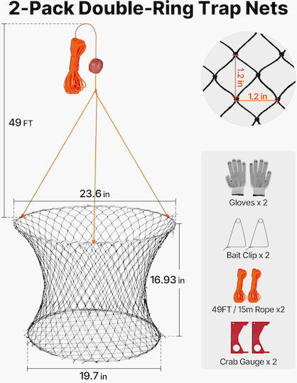 Vevor Διπλή Παγίδα Καβουριών Δακτυλίου 60 Cm Πάνω 50 Cm Κάτω Σχάρα Σύρματος Σχοινί 18,3 M Σετ 2 Τεμαχίων Ybxjbxsh2j008wk05001v0