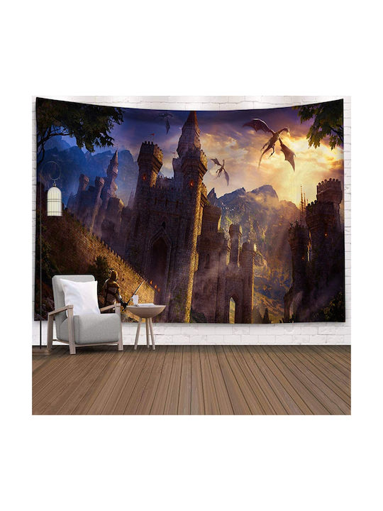 FRIPIA Decorative Tapestry Castle with Dragon Handmade Made of Fabric 150x130cm
