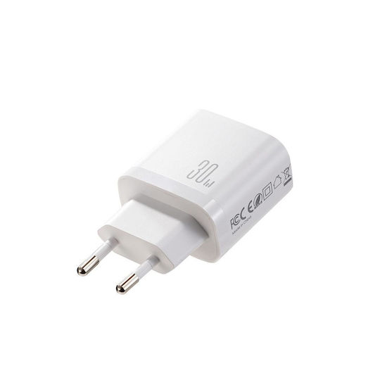 Joyroom Зарядно Устройство Без Кабел GaN с USB-A Изходен Порт и 2 USB-C Изходни Порта и USB-C Кабел 30W Бял (JR-TG6)