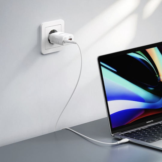 Veger Φορτιστής GaN με Θύρα USB-A και Θύρα USB-C και Καλώδιο USB-C - USB-C 45W Power Delivery / SuperCharge Λευκός (TR101)