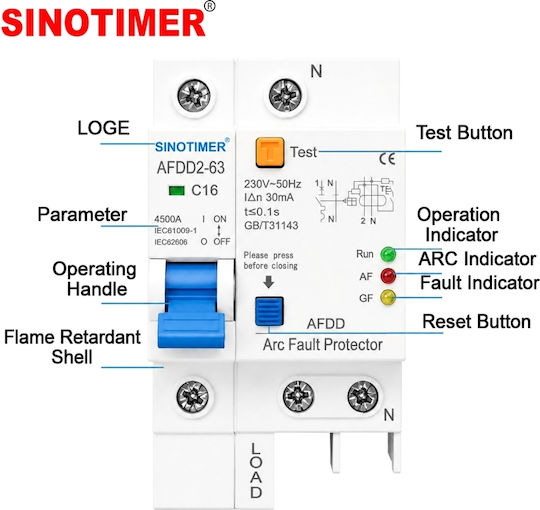 Întrerupător Automat De Circuit Protecție Electrică Arc Afdd Sinotimer Afdd2-63 C16 16a 4.5ka 230v Ac
