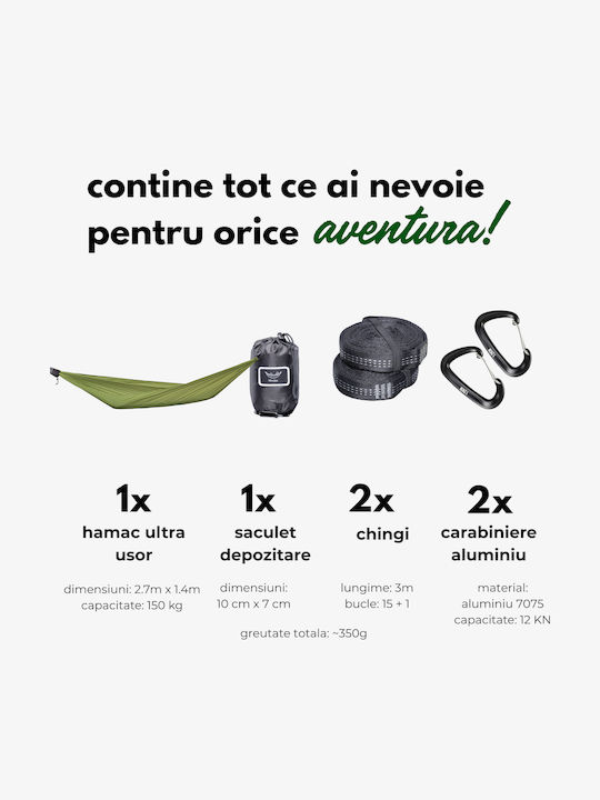Hikerjoy Ultra Light Hamac Olive Hamac Paracașă Material Textil Negru 270x20 cm