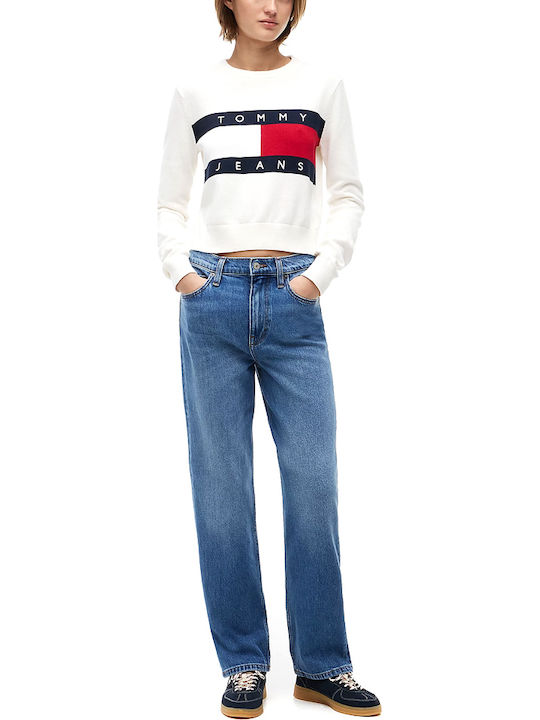 Flag Crew Neck Дамски Дълъг Ръкав Пуловер Памучен Ecru Червен Син