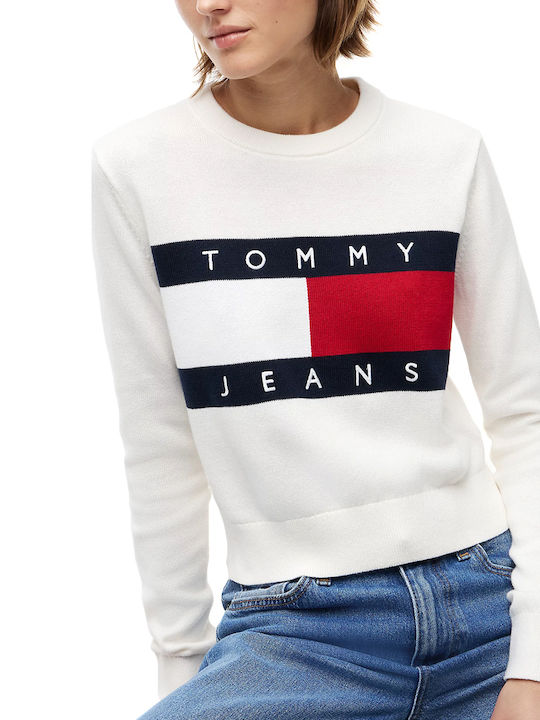Flag Crew Neck Дамски Дълъг Ръкав Пуловер Памучен Ecru Червен Син