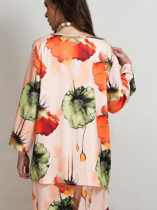 Damen Bluse Satin mit Ausschnitt Lächeln Blumen Mehrfarbig
