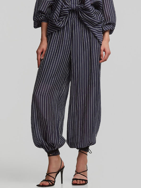 Damen Hochbund Stoffhose in Lose Muster Gestreift Blau