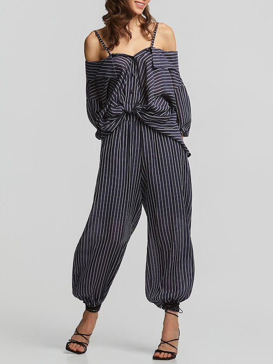 Damen Hochbund Stoffhose in Lose Muster Gestreift Blau