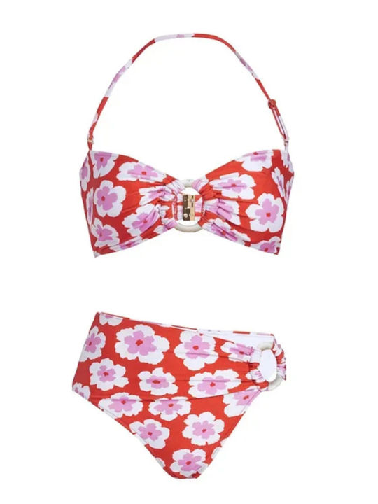 Set Bikini Ψηλόμεσο Floral Κόκκινο
