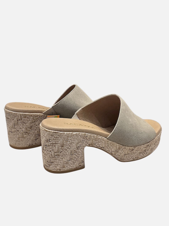 Suede Mules with Heel in Beige Colour