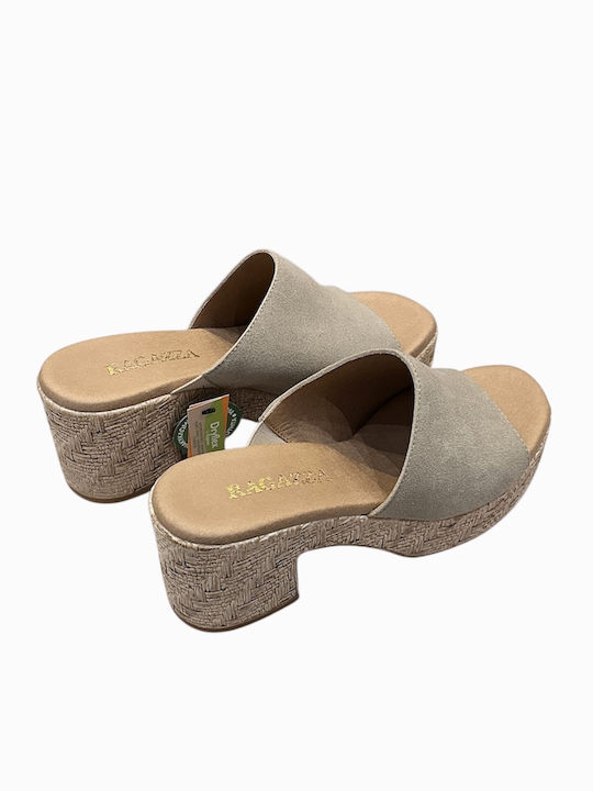 Suede Mules with Heel in Beige Colour