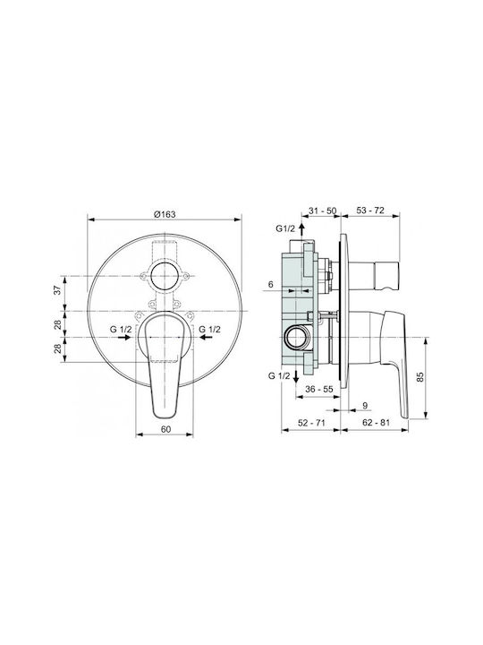 Ideal Standard Μίκτης Μπαταρίας Εντοιχισμού για Ντουζιέρα 2 Εξόδων Ασημί