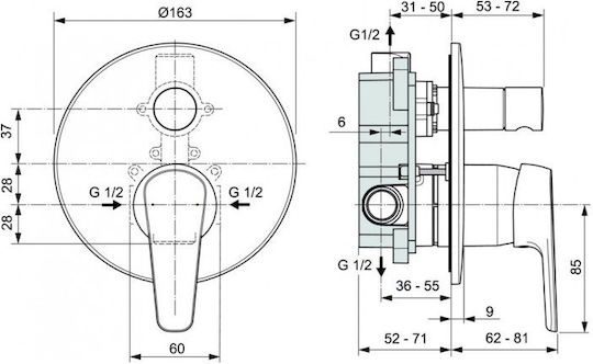 Ideal Standard Μίκτης Μπαταρίας Εντοιχισμού για Ντουζιέρα 2 Εξόδων Ασημί
